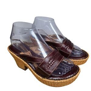 Born Womens Wedge Platform Brown Sandals Open Toe Thong Leather Woven Heel Sz 6